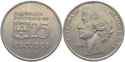 Португалия 25 эскудо 1980 первый год KM 607а медно-никель 109-1044