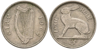 Ирландия 3 пенса 1964 заяц KM 12a медно-никель 4596-1069