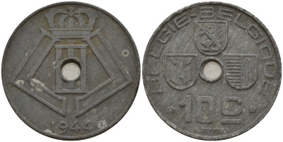 Бельгия 10 сантимов 1944 Belgie - Belgique, Леопольд III (1934-1947), германская оккупация, Вторая мировая война KM 126 цинк 4161-346