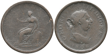 Великобритания 1 пенни 1806 Георг III (1760-1820) Spink 3780, KM 663 медь 32-346