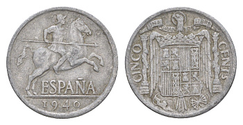 Испания 5 сентимо 1940 рыцарь на коне, Франсиско Франко (1939-1975) KM 765 алюминий 4623-626