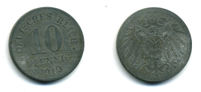 ГЕРМАНИЯ 10 ПФЕННИГОВ 1919 KM 26, J. 299 цинк 54-511
