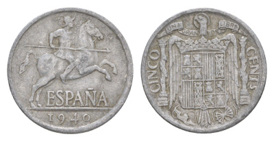 Испания 5 сентимо 1940 рыцарь на коне, Франсиско Франко (1939-1975) KM 765 алюминий 4623-626