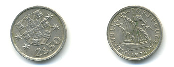 ПОРТУГАЛИЯ 2,5 ЭСКУДО 1978 ПАРУСНИК KM 590 медно-никель 80-424