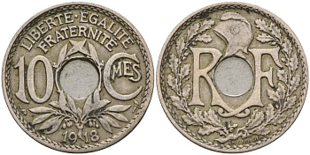 Франция 10 сантимов 1918 тип Линдайё KM 866a, Le Franc 138.3 медно-никель 4143-832