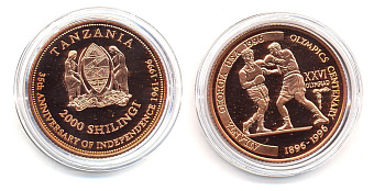 Танзания 2000 шиллингов 1996 XXVI Олимпийские игры 1996 года в Атланте, 100 лет Олимпийскому движению, боксеры, пробник, рубчатый гурт медь PROOF 06-157-21
