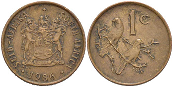 ЮАР 1 цент 1986 герб, капские воробьи KM 82 бронза 218-1155