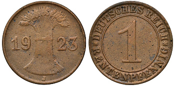 ГЕРМАНИЯ 1 РЕНТЕНПФЕННИГ 1923 J KM 30, J. 306 бронза 72-1123