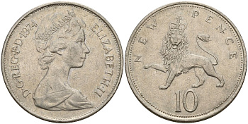 Великобритания 10 пенсов 1974 Елизавета II (1952-2022) KM 912, Spink 4231 (F1) медно-никель 4150-755