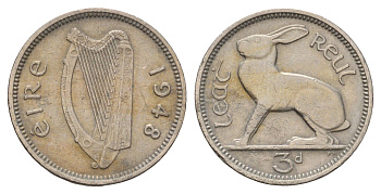 Ирландия 3 пенса 1948 заяц KM 12a медно-никель 4682-541