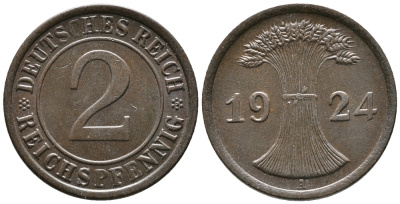ГЕРМАНИЯ 2 РЕЙХСПФЕННИГА 1924 A KM 38, J. 314 бронза 24-715