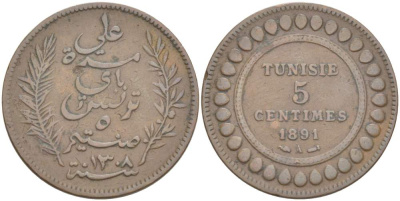 Тунис 5 сантимов 1891 AH 1308, Али III ибн аль-Хусейн KM 221 бронза 4523-741