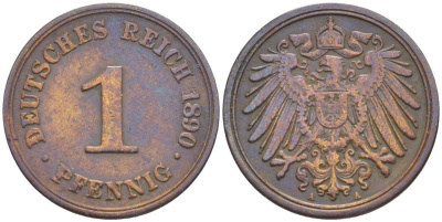 ГЕРМАНИЯ 1 ПФЕННИГ 1890 А KM 10, Jager. 10, Weege 2 медь 4528-1115