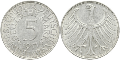 ФРГ 5 МАРОК 1971 D, KM 112.1, J. 387 серебро 1523-412