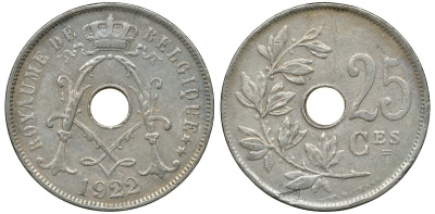 Бельгия 25 сантимов 1922 Belgique KM 68.1 медно-никель 4681-936
