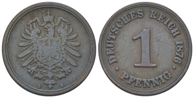 Германия 1 пфенниг 1876 В, старогербовка KM 1, J. 1 медь 4385-624