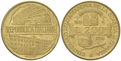 Италия 200 лир 1996 R, 100 лет Академии таможенной службы KM 184 алюминиевая бронза 4641-443