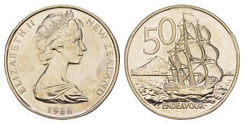 Новая Зеландия 50 центов 1968 Елизавета II (1952-2022), парусник Индевор, тираж 35.000 экземпляров KM 37 медно-никель BU 84-141