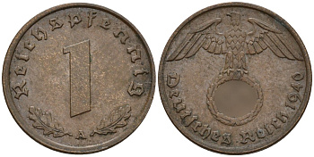 Германия 1 рейхспфенниг 1940 A KM 89, J. 361 бронза 4147-1229