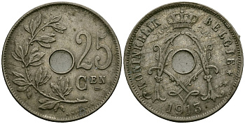 Бельгия 25 сантимов 1913 Belgie KM 69 медно-никель 4165-741