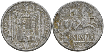 Испания 10 сентимо 1941 Франсиско Франко (1939 - 1975) KM 766 алюминий 4155-212