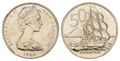 Новая Зеландия 50 центов 1968 Елизавета II (1952-2022), парусник Индевор, тираж 35.000 экземпляров KM 37 медно-никель BU 84-141