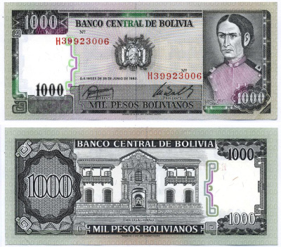 Боливия 1000 песо боливиано 1982 Хуана Асурдуй де Падилья Pick 167a (3) бумага UNC (пресс) 8589-4-1-2