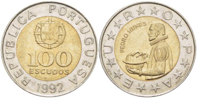 Португалия 100 эскудо 1992 Педру Нуниш (1502-1578), математик KM 645.1 биметалл 4513-1024