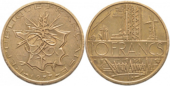 Франция 10 франков 1977 тип Матье KM 940, Le Franc 365.9-10 никель латунь 110-1034