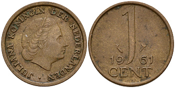 Нидерланды 1 цент 1961 Юлиана (1949-1980) KM 180 бронза    4598-223