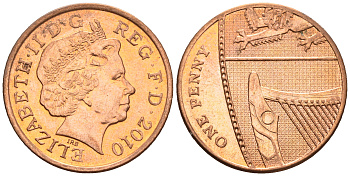 Великобритания 1 пенни 2010 Елизавета II (1952-2022) KM 1107, Spink B6 сталь плакированная медью 4609-669