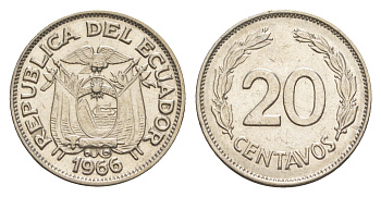 Эквадор 20 сентаво 1966 KM 77.1c сталь плакированная никелем 4640-1228