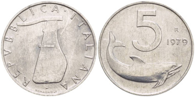 ИТАЛИЯ 5 ЛИР 1979 R, ДЕЛЬФИН, РУЛЬ KM 92 алюминий UNC 4551-135