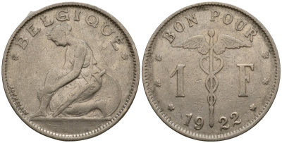 Бельгия 1 франк 1922 Belgique, Альберт I (1910-1934) KM 89 никель 33-1233