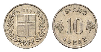 Исландия 10 эйре 1966 KM 10 медно-никель aUNC 4690-722