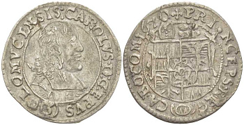 ОЛОМОУЦ, ПРОВИНЦИЯ МОРАВИЯ 3 КРЕЙЦЕРА 1670 СВЯЩЕННАЯ РИМСКАЯ ИМПЕРИЯ, КАРЛ фон ЛИНХТЕНШТЕЙН (1664-1695) KM 65.2 (75.1) серебро 413-4312