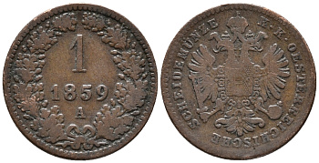 Австрия 1 крейцер 1859 A, Франц Иосиф I (1848-1916) KM 2186 медь 66-111