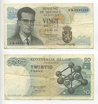 Бельгия 20 франков 1964 Бодуэн I, атомиум, Kestens Pick 138 (3) бумага 6280-14-2-1