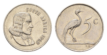 ЮАР 5 центов 1965 Ян ван Рибек (1619-1677), South Africa, легенда на англинском, райский журавль KM 67.1 никель 4669-1227
