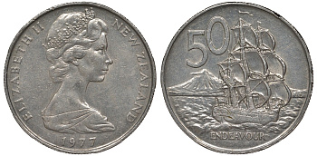 Новая Зеландия 50 центов 1977 Елизавета II (1952-2022), парусник Индевор KM 37 медно-никель 4125-213