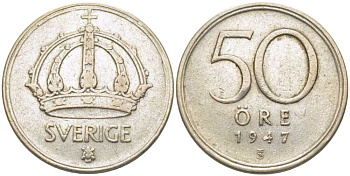 Швеция 50 эре 1947 TS, Густав V (1907-1950) KM 817 серебро 119-1045