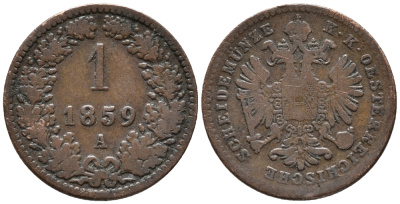Австрия 1 крейцер 1859 A, Франц Иосиф I (1848-1916) KM 2186 медь 66-111