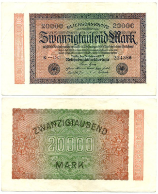 ГЕРМАНИЯ 20000 МАРОК 1923 20 ФЕВРАЛЯ 1923, ВОДЯНОЙ ЗНАК L Pick 85a бумага 7116-11-3