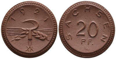 Саксония 20 пфеннигов 1921 колосья и серп J. N 53 фарфор UNC 1094-8-85