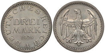 Германия 3 марки 1924 A, Веймарская Республика J. 312, KM 43 серебро  aUNC  02-227-32