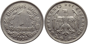 ГЕРМАНИЯ 1 РЕЙХСМАРКА 1934 G КМ 78 J.354 никель 56-1245