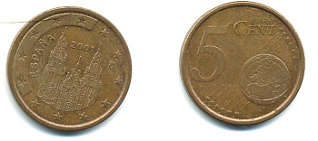ИСПАНИЯ 5 ЕВРОЦЕНТОВ 2001 KM 1042 сталь плакированная медью 29-1151