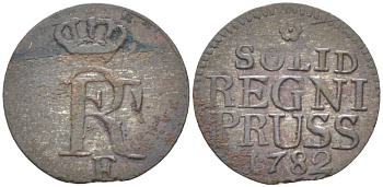 Польша, Восточная Пруссия 1 солид 1782 Е, Фридрих II Прусский (1740-1786), вес 0,67 гр., монетный двор Кенигсберг KM 6b, Olding 238 серебро 1517-1241