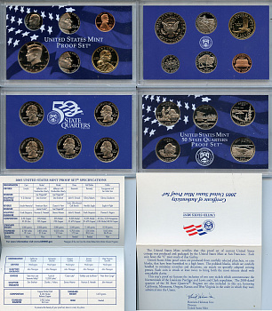 США официальный набор из 10 монет, в 2 пластиковых сетах 2005 годовой набор и юбилейные монет 25 центов, в оригинальной коробке, сертификат KM PS 216   PROOF  8-2-04-31