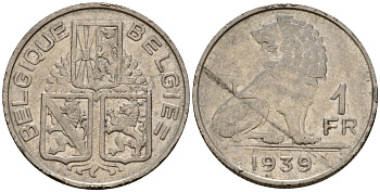 Бельгия 1 франк 1939 Belgique - Belgie KM 119 никель 4603-1224
